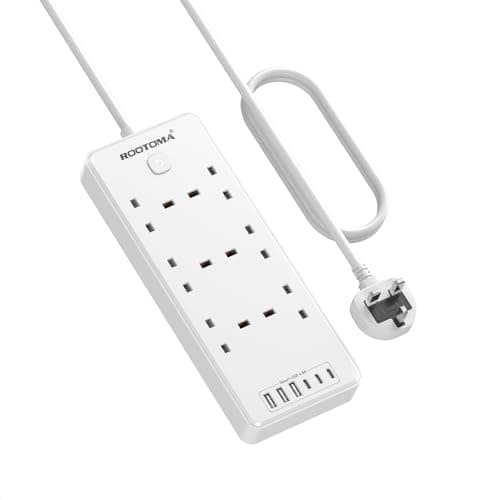 Image of Extension Lead with 6 USB Slots (3 USB C), 6 Way Surge Protection Extension Sockets 2M with Switch, Wall Mounted Multi Plug Power Strip for Home Bedroom Kitchen Office, White