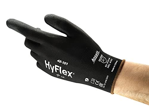 Image of Ansell HyFlex 48-101 PPE Gloves, Lightweight PU Coated Protective Gloves, Durable Safety Gloves with Enhanced Tactility, Black Nylon Liner, Work Gloves X-Large for Precision Handling, 12 Pairs