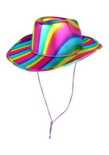 Image of HENBRANDT Single Shiny Rainbow Pride Cowboy Hat - Adult Western Style Hat with Cord - Festival, Parade, Stag & Hen Party Costume Accessory