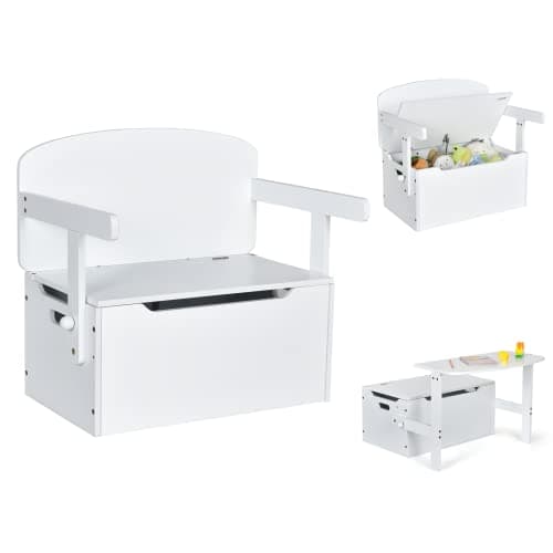 Image of COSTWAY Wooden Toy Box, 3-in-1 Convertible Kids Bench/Desk Chair Set/Storage Chest with Lid, Multifunctional Children's Organizer Cabinet for Playroom Bedroom (White)