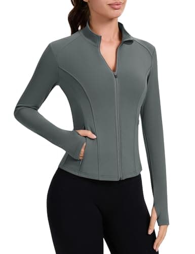 Image of IECCP Womens Sport Jackets Running Top Long Sleeve Gym Shirts Workout Fitess Activewear T-Shirt Lightweight Breathable Yoga Tops with Thumb Hole and Zip Side Pocket Grey S