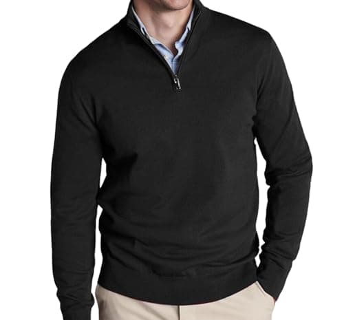 Image of MATINEE Mens Fine Knitted Luxury Supersoft Cashmere-Like Crew Neck/V Neck/Zip Neck Sweaters, Fine 12 Gauge Knit Structure (UK, Alpha, S, Regular, Regular, Black 1, 1/2 Zip Neck)