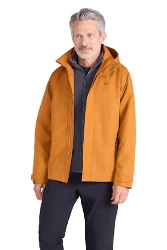 Image of Mountain Warehouse Fell Mens 3 in 1 Water Resistant Jacket - Adjustable Coat, Packaway Hood, Detachable Inner Fleece, Many Pockets - Spring Summer, Outdoors Burnt Orange L