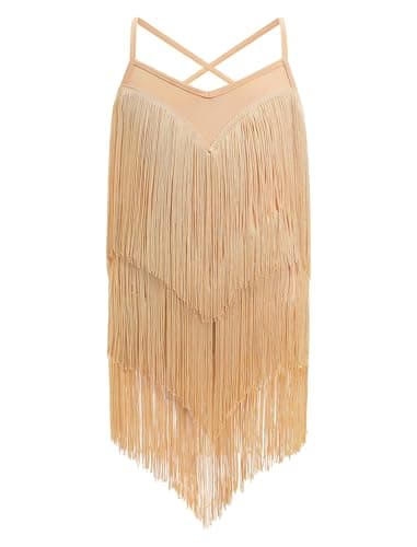 Image of EFOGEP Kid Girls Fringe Tassel Dress Sleeveless Spaghetti Strap Vintage Layered Fringe Dresses 20s Party Ballroom Cha Cha Jazz Outfits Lyrical Dance Dress for Girls Gold