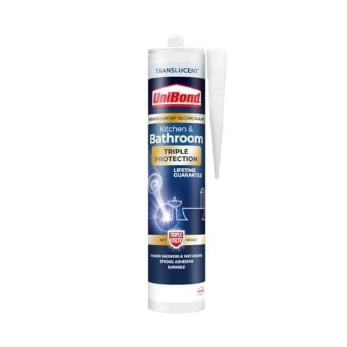 Image of UniBond Triple Protection Stop Mould Silicone Sealant For Kitchens and Bathrooms, Clear, Repels, Kills and Prevents Mould Growth, Long-Lasting Shower Sealant, 1 x 291 g Cartridge