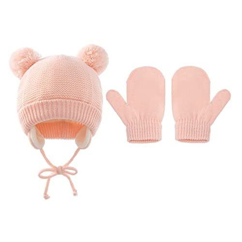 Image of Suxgumoe Baby Hat and Gloves Set, Infant Toddler Winter Warm Knitted Beanie Hat Mittens for Girls Boys 1-4 Years Old (Pink)
