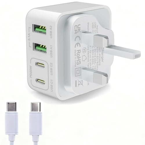 Image of USB C Plug | Multi Port USB C Charger with 1m Fast USB C Cable | 2×USB-C & 2×USB-A | UK Portable Phone Charger For iPhone 17/16/15/14/13/12/X/XS Pro Max, iPad, AirPods, Samsung Galaxy, Google Pixel
