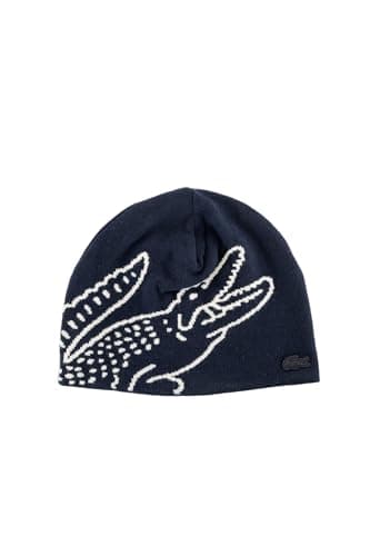 Image of Lacoste Unisex Knitted Cap Beanie Hat, Navy/Flour, One Size