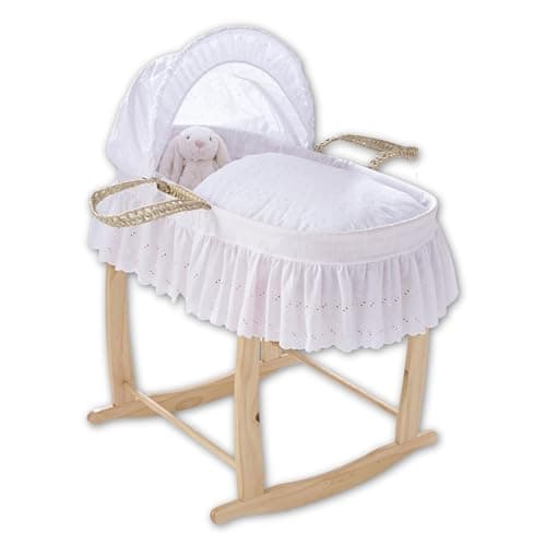Image of Clair de Lune Broderie Anglaise Palm Moses Basket with Deluxe Rocking Stand, Baby Bassinet 75 x 28 cm