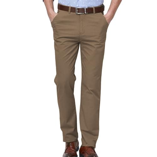 Image of Mens Chinos Cotton Pants Relaxed-Fit Straight Leg Dress Trousers Casual Work Chino Pants Summer Office Trousers Leisure Stretch Workwear Coffee