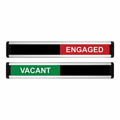 Image of ViroDisplay® Vacant/Engaged Sliding Door Sign – Green/Red Edition – 214 x 40mm – Anodised Silver Profile with Black End Caps – Self-Adhesive Fixing