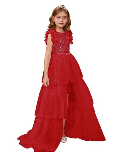 Image of GRACE KARIN Girls Birthday Party Dress for Birthday Flutter Sleeve Sequin Dresses+Tutu Skirt for 13-14 Year Old Red
