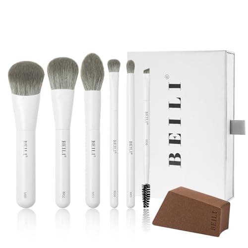 Image of BEILI 6PCS Travel Mini Makeup Brushes, Portable Small Cosmetic Brushes Kit For Powder, Highlight, Eyeshadow, Contour, Eyebrow, Eyelash, Synthetic Bristles (White)