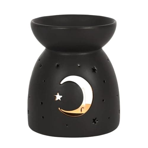 Image of something different Mystical Crescent Moon & Stars Cut-Out Design Black Ceramic Oil Burner - 10.5cm x 9.5cm (1 Pc.) - Premium Quality Material - Ideal for Aromatherapy, Home Decor Accent & Gift