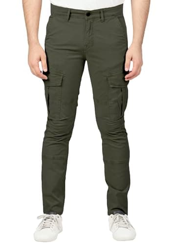 Image of Soroor Cargo Trousers for Men UK, Slim Fit Tapered Cargo Pants Mens, Combat Trousers for Men UK for Work & Utility, Durable Mens Cargos | Military Green - 30L 34W | Stretch Twill Cotton Cargos