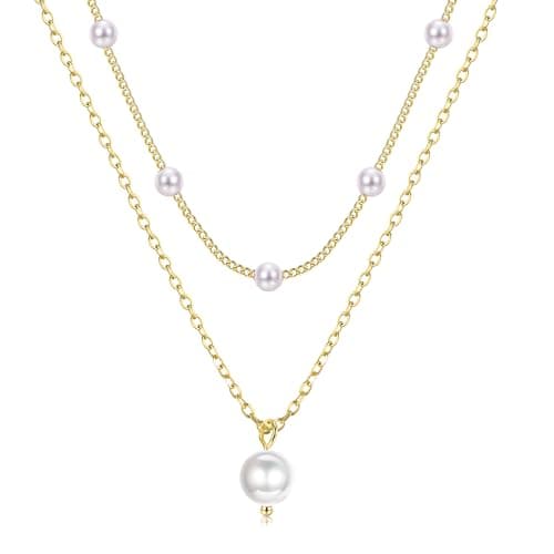 Image of Dochais Pearl Necklace for Women, 14K Gold Plated Layered Pearl Necklaces, Trendy Simple Herringbone Chain, Perfect Jewelry Gifts for Women and Girls