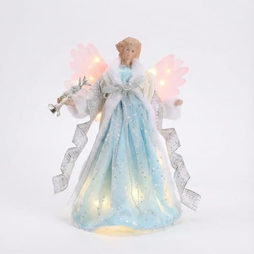Image of Valery Madelyn Christmas Angel Tree Topper Decorations, Silver and White Angel Tree Top Figurine with Warm LED Lights, Battery Operated for Christmas Tree Decoration, 12Inch/31cm