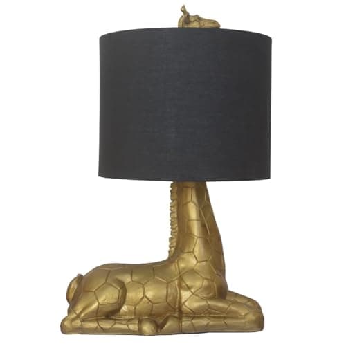 Image of Britalia Gold Resin Sitting Giraffe Sculpture Vintage Table Lamp with Black Cotton Drum Shade | 48cm Height | 1 x ES E27 Lamp Bulb Required | UK Approved | High Definition Safari Scene
