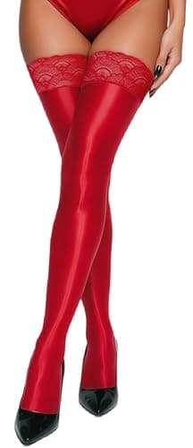 Image of FEOYA Hold Up Stockings for Women Oil Glossy Sexy Lace Top Thigh High Lace Top Lingerie Stocking for Women Ladies Pantyhose Party Club Cosplay Red One Size