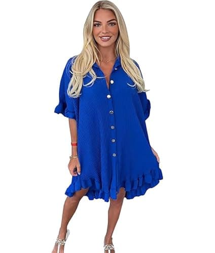 Image of Womens Frill Ruffle Gold Button Swing Dress Ladies Short Sleeve Collared Neck Loose Fit Baggy Oversized Frill Ruffle Crinkle Top Casual Wear Fancy Party Wear Plain Frill Hem Dress Plus Size 14-28