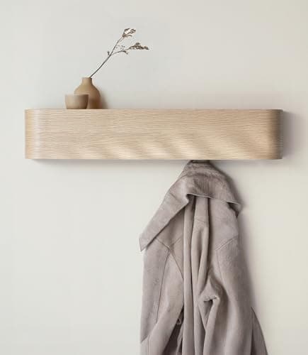 Image of Kazai. Wall-Mounted Coat Rack 'Toke' | Modern Design Coat Rack with Hidden Wall Hooks | Solid Wood Veneer Panel Coat Hanger | Oak, White