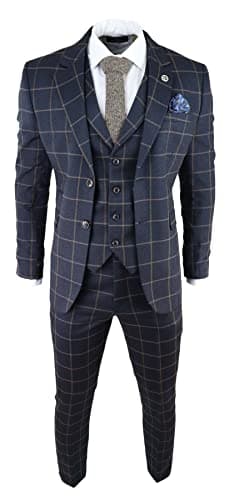 Image of Mens Blue 3 Piece Suit Tan Check Classic Wedding Prom Peaky Tweed Vintage - Navy 36