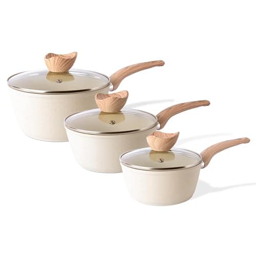 Image of Non Stick Saucepan Set – Induction Saucepan with Lid – 3pcs Cream Granite Sauce Pan – 16cm, 18cm, 20cm Saucepot Set – by Nuovva