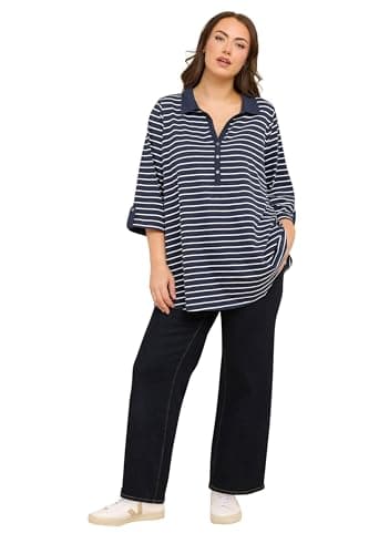 Image of EVANS Curve Navy Blue Stripe Pintuck Henley Top - Women's - Plus Size Curve