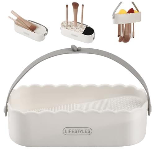 Image of DUcare Makeup Brush Cleaner Mat 3 in 1 Silicone Makeup Brush Cleaning Bowl with Drying Holder Brush Cleaning Scrubber Tool Cosmetic Brush Cleaner with Holder for Storage Stand(White)