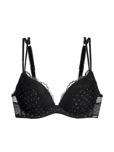 Image of DORINA Origins Push-Up Plunge Bra – Underwired, Moulded Cups, Shimmer Dot Mesh, Lace Trim & Adjustable Straps, Black