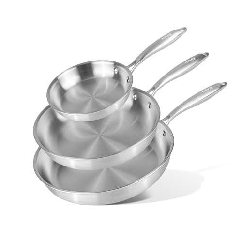 Image of Stainless Steel Frying Pan Set – 3pcs Induction Hob Pan Set – Naturally Non-Stick Tri-Ply Stainless Steel – 18cm, 26cm & 30cm Cooking Pans – by Nuovva