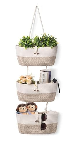Image of AARAINBOW Wall Hanging Storage Baskets, 3 Tier Cotton Baskets. Decorative Door Hanging Baskets, Wicker Indoor Organizer Hanging for Kitchen Bedroom Living Room (C-White Beige)