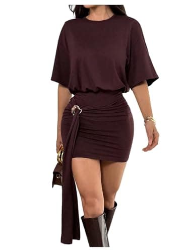 Image of GORGLITTER Summer Mini Dresses for Women UK Short Sleeve Metal Ring Ruched Bodycon Going Out Dress Brown Small