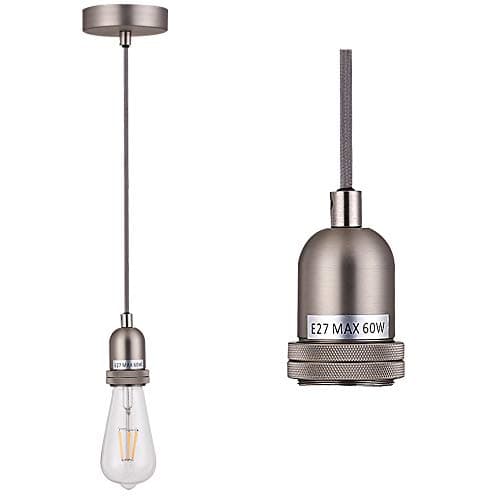 Image of SHINY STAR Pendant Fitting Satin Nickle Ceiling Light Fitting, Vintage Metal Ceiling Rose with Braided Flex Cable and Metal E27 Lamp Holder KIT Accessary HT201SN