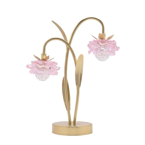 Image of Britalia Gold Metal Double Stem with Pink Glass Flower Shades LED Battery Powered Table Lamp, 35.5cm Height