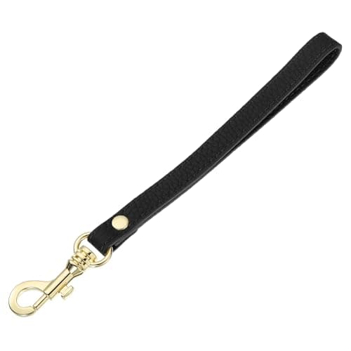 Image of sourcing map Leather Wristlet Strap, 20cm/7.87" Long Keychain Hand Strap, Leather Replacement Wrist Strap for Purse, Clutch, Wallet, Keychain Bag (Black Leather, Gold Clasp)