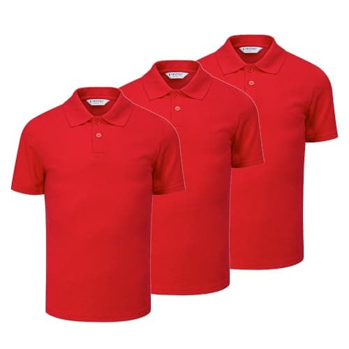 Image of Trutex Kids Bright Red School Polo Shirts, Multipack – Short Sleeve Cotton-Rich Standard Fit Unisex PE Kit Polos for Boys and Girls – Ages 10 (3 Pack)