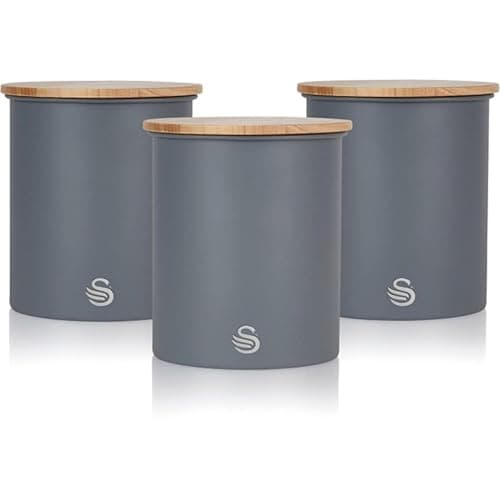Image of Swan SWKA17513GRYN Nordic Scandi Set of 3 Storage, Tea, Coffee and Sugar Canisters, Slate Grey, Steel, Bamboo Lid