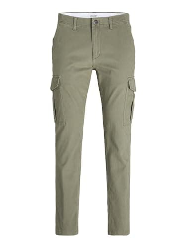 Image of JACK & JONES Mens Slim Fit Cargo Trouser Utility Pockets Ankle Height Trousers for Men UK, Dusty Olive Colour, Size- 36W / 32L