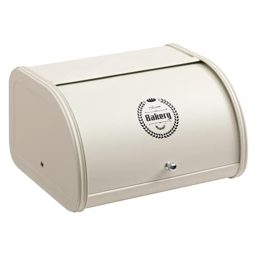 Image of HollyHOME Bread Bin with Stainless Steel Body Metal Bread Bins for Kitchen Bread Storage Containers with Roll Up Easy Storage Bread Box Holder Lid, Cream