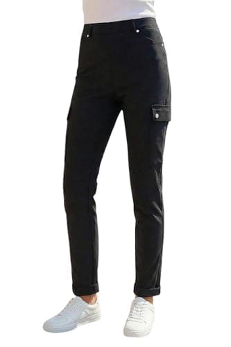 Image of Roman Cargo Trousers for Women UK Ladies Stretch Combat Pants Turn Up High Waist Rise Pull On Smart Casual Slimming Work Office Fitted Straight Leg Pockets Summer - Black - Size 16