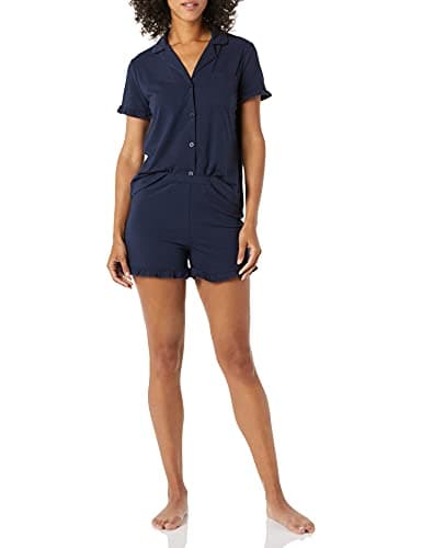Image of Amazon Essentials Women's Cotton Modal Piped Notch Collar Pajama Set, Comfortable Loungewear (Available in Plus Size), Navy, Large
