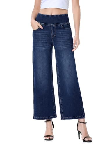 Image of Chasehot Wide Leg Capri Jeans for Women, Pull on High Waisted Trendy Stretchy Straight Leg Baggy Cropped Tummy Control Denim Summer Petite Jeans Dark Indigo-L