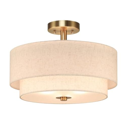 Image of XiNBEi Flush Ceiling Light, Modern 3-Light Semi Flush Mount Ceiling Light Gold Brass with 2 Tiers Linen Shade E27 Round Drum Chandelier for Bedroom & Living Room Hallway Kitchen NL-SF1289-BS