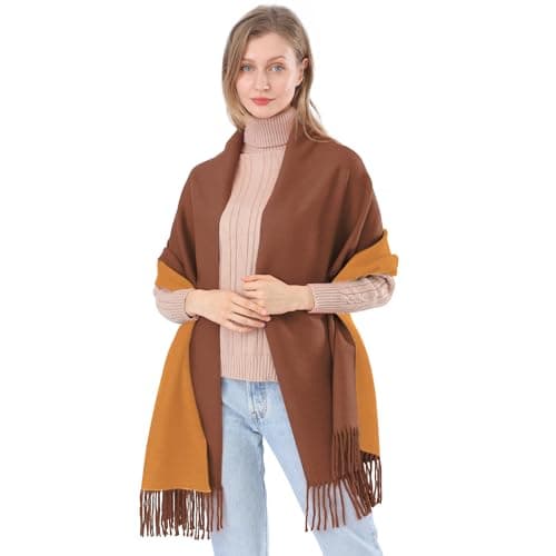 Image of ACNCN 350G Cashmere Scarves for Women Pashmina Double Colors Shawl Wrap Wedding Party Blanket Girls Large Soft Thick Scarves(Turmeric Coffee)
