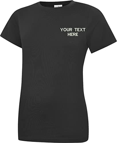 Image of Personalised Embroidered Your Text UC318 Ladies T-Shirt, Ladies Any Text Classic Crew Neck T-Shirt Top (Black, XL)
