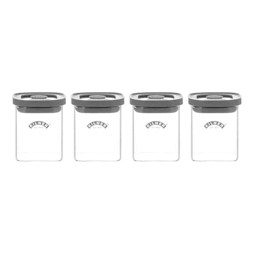Image of Kilner Fresh Storage Set of 4 x 160ml Airtight Glass Spice Jars with Durable Vacuum Seal Lids | BPA-Free Mini Jars for Herbs, Seasonings, Pantry Organisation
