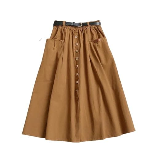 Image of Gyios skirt Casual Cotton Midi Long Skirt Women Button Pocket Belt A Line High Waist Mid-length Skirt Female Elastic Women Skirts-khaki-one Size