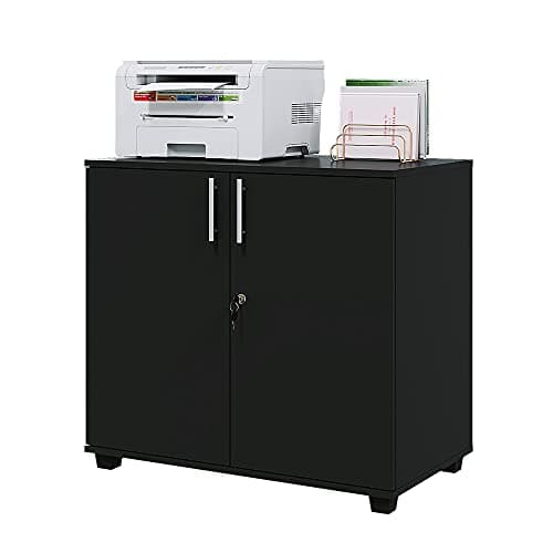 Image of Panana Office Cabinet with Lock, Wooden Filing Storage Cupboard 2 Door Wood File Office Cabinet Organizer for Home Office (Black)