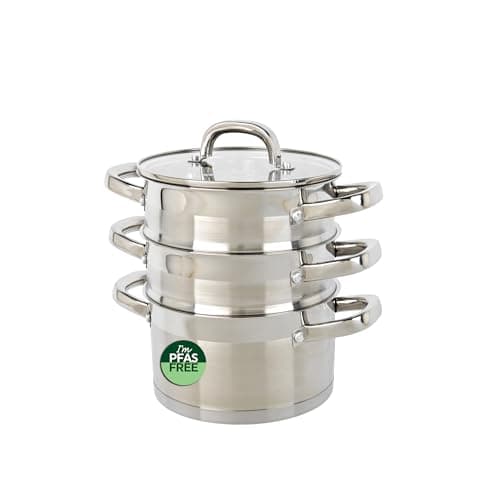 Image of Salter Timeless 3 Tier Steamer – 18cm Stainless Steel Stackable Cooking Pots, Includes Handles & Tempered Glass Lid, Non-Stick, Vegetable Steaming Pans, Induction Hob Suitable, Dishwasher Safe